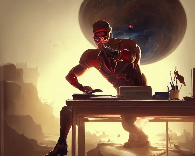 Image similar to an insanely detailed painting of an asian man wearing a homemade superhero costume, sitting at a desk, staring at the nervously at the computer and typing, in the style of peter mohrbacher, dramatic lighting and composition, surreal background, octane render, pixar, trending on artstation, concept art, comic book, view from behind