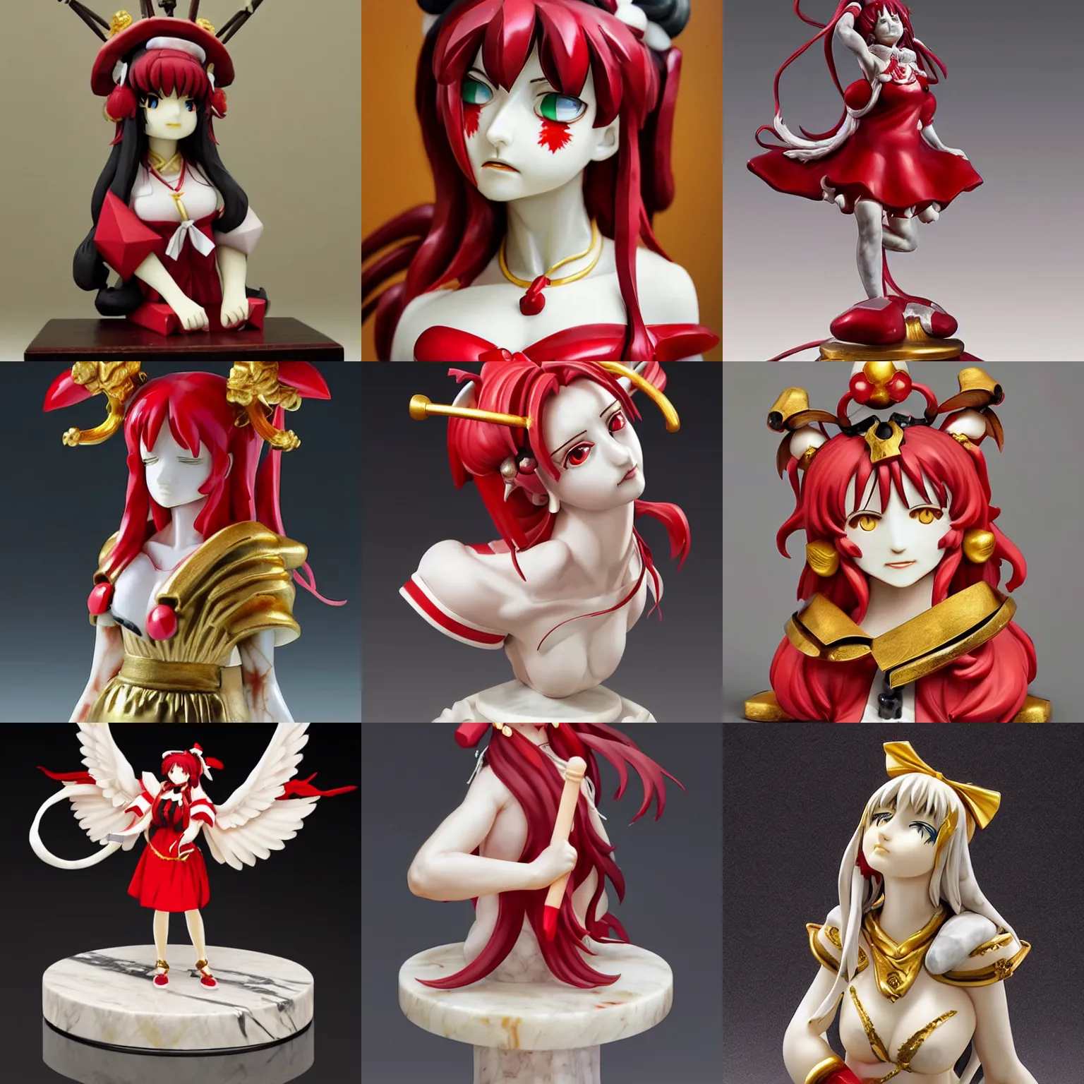 Prompt: a sculpture of reimu hakurei, marble, gold, masterpiece, anatomically correct, photorealistic, ultra realistic, hyperrealistic, extreme details