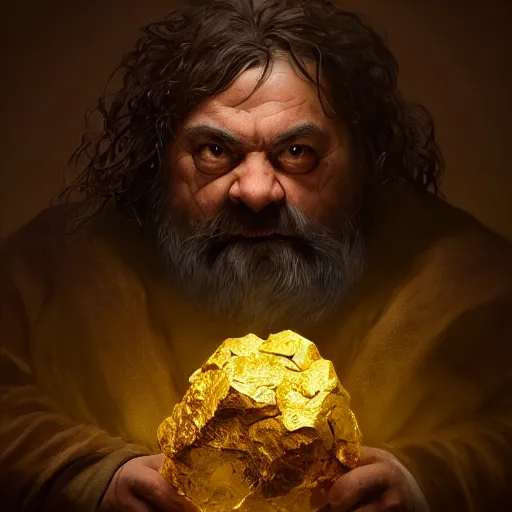 Image similar to portrait of a brutal dwarf hugging the humongous raw, unrefined sparkling gold nugget, lump of native gold, realistic, fantasy art, dnd, lord of the rings, medium shot, mid - shot, moody lighting, by greg rutkowski, alphonse mucha, artgerm, trending on artstation, concept art, sharp focus, octane render, cgsociety