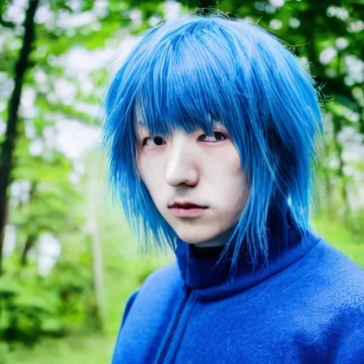 Image similar to rimuru tempest, young man blue hair ( ( ( ( ( ( ( ( ( ( eyes yellow ) ) ) ) ) ) ) ) ) ), canon eos r 3, f / 1. 4, iso 2 0 0, 1 / 1 6 0 s, 8 k, raw, unedited, symmetrical balance, in - frame