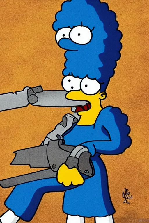 Image similar to marge simpson as a serial killer, holding a chainsaw