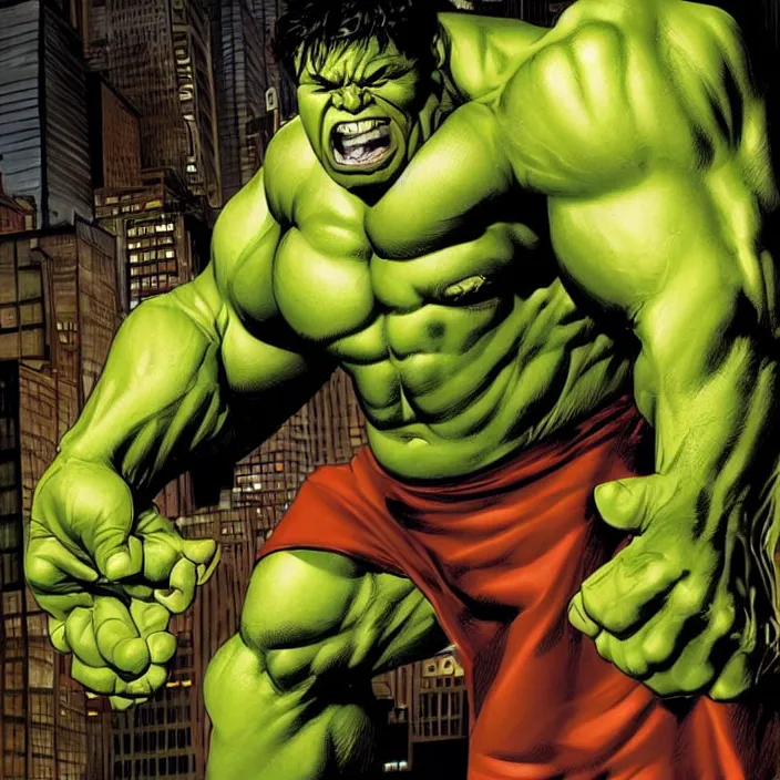 Prompt: a portrait of the incredible hulk looking angry in new york city by joe jusko, simone bianchi and alex ross dramatic lighting.