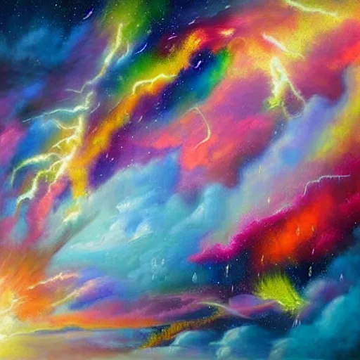 Image similar to A detailed and realistic painting of a huge colourful cloud in space, with lots of other clouds around, with incredibly huge lightning with 8k resolution, in the artistic style of fantasy art