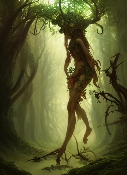 Image similar to a cute forest elemental, with fingers, fantasy, intricate, elegant, highly detailed, digital painting, artstation, concept art, wallpaper, smooth, sharp focus, illustration, art by artgerm and greg rutkowski and alphonse mucha