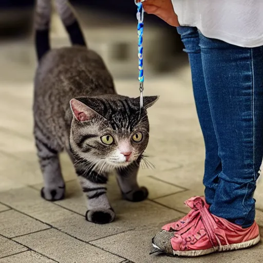 Image similar to a cat standing up on back legs, with a human on a leash as a pet