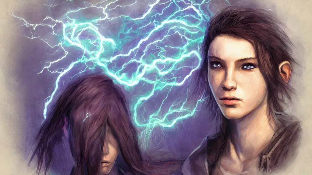 Image similar to portrait of a mage, genderless, lightning, realistic