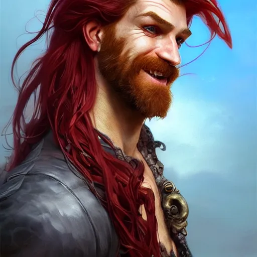 Image similar to portrait of a young ruggedly handsome but joyful pirate, male, masculine, upper body, red crimson hair, long flowing hair, fantasy, wide smirk, intricate, elegant, highly detailed, digital painting, artstation, concept art, matte, sharp focus, illustration, art by artgerm and greg rutkowski and alphonse mucha