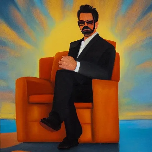 Image similar to detailed oil painting of tony stark sitting in an armchair in a room with the setting sun, by jama jurabaev, brush hard, golden hour