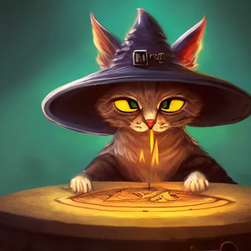 Prompt: Anthropomorphized cat brewing potion, evil smile, witch Hut, witch hat, dark fantasy, magic the gathering artwork, D&D, fantasy, cinematic lighting, centered, symmetrical, highly detailed, digital painting, artstation, concept art, smooth, sharp focus, illustration, volumetric lighting, epic Composition, 8k, art by Akihiko Yoshida and Greg Rutkowski and Craig Mullins, oil painting, cgsociety