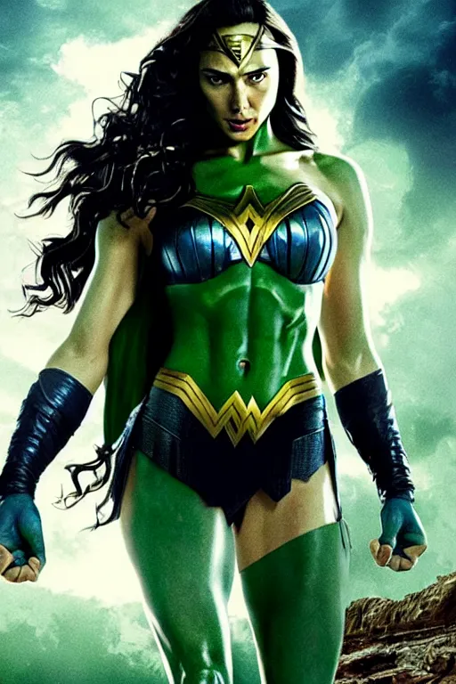 Image similar to gal gadot as the hulk, illustrated movie poster