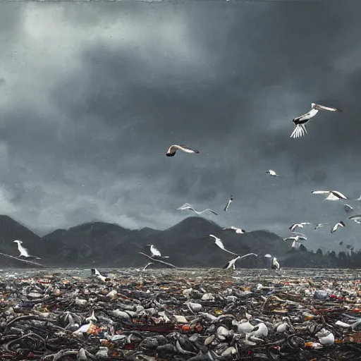 Image similar to on water, enormous huge mountains of tyres and garbage floating, seagulls flying in the forecasted sky, dramatic light, post apocalyptic, rainy weather, wet,highly detailed, wide shot, 8K mate painting, concept