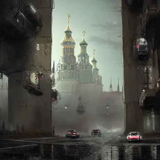Image similar to Cyberpunk Moscow Kremlin with flying cars by Greg Rutkowski