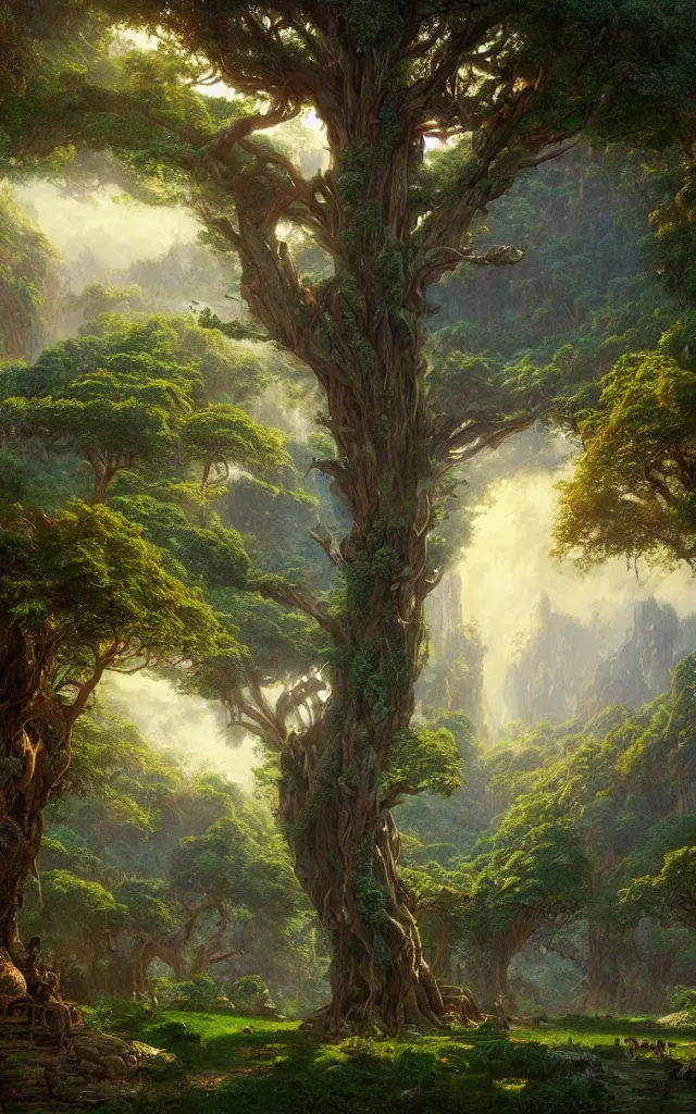 Image similar to beautiful hyper realistic detailed matte painting of fantasy tree of life in garden of eden, hd, hdr, by Moebius and John Howe and Albert Bierstadt and Alena Aenami, cinematic, 8k, ultra detailed, high resolution