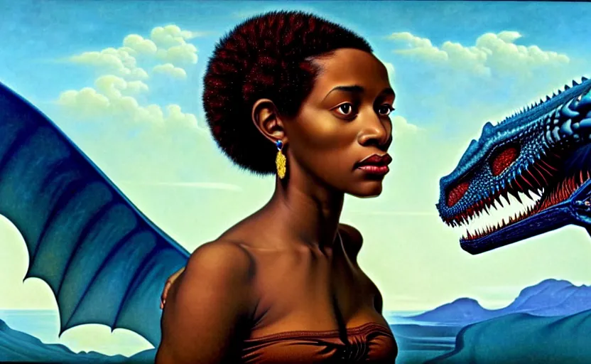 Image similar to realistic detailed photorealistic film portrait shot of a beautiful black woman with, sci-fi landscape with a drogon on background by Denis Villeneuve, Amano, Yves Tanguy, Alphonse Mucha, Ernst Haeckel, Andrei Tarkovsky, Edward Robert Hughes, Roger Dean, rich moody colours, wide angle, blue eyes