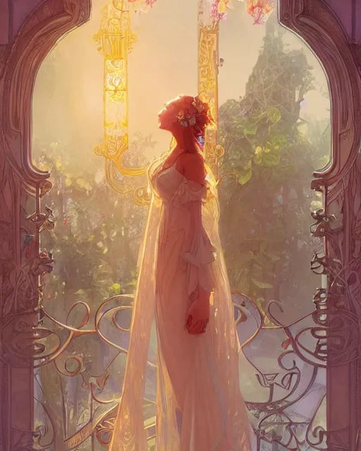 Image similar to secret romance, highly detailed, gold filigree, romantic storybook fantasy, soft cinematic lighting, award, disney concept art watercolor illustration by mandy jurgens and alphonse mucha and alena aenami, pastel color palette, featured on artstation