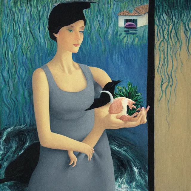 Image similar to tall female emo artist holding a pig in her flooded bathroom, water gushing from ceiling, painting of flood waters inside an artist's bathroom, a river flooding indoors, pomegranates, pigs, ikebana, zen, water, octopus, river, rapids, waterfall, black swans, canoe, berries, acrylic on canvas, surrealist, by magritte and monet