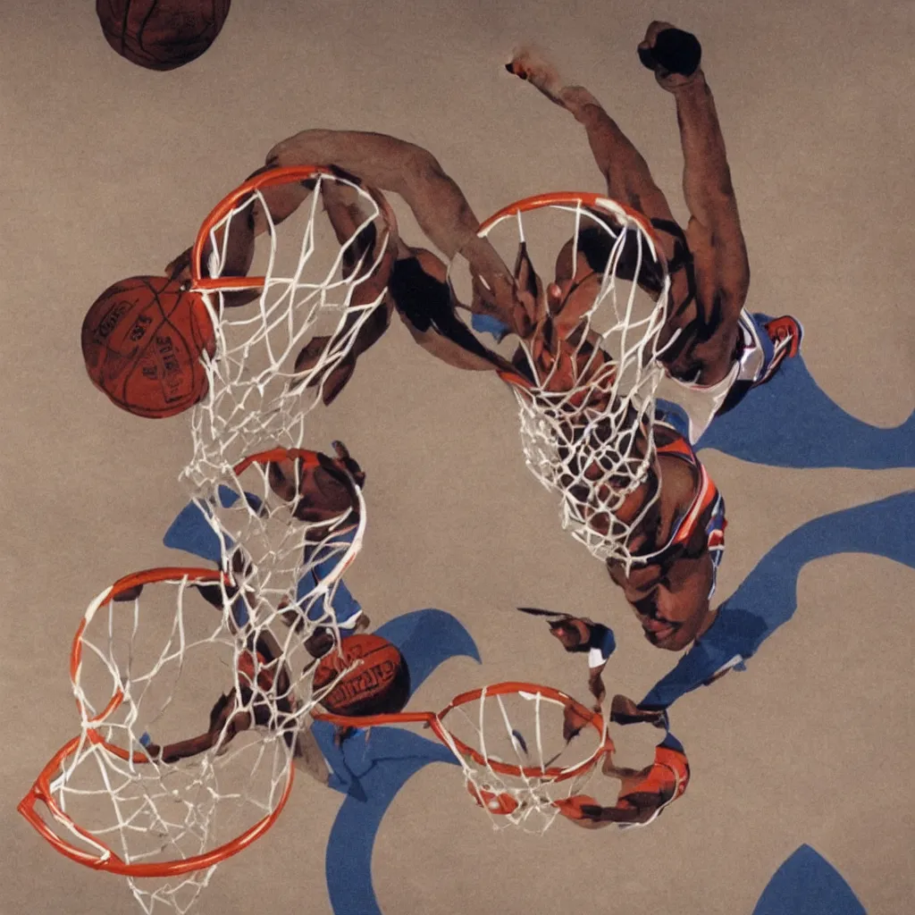 Prompt: Michael Jordan dunking basketball into hula hoops, had, photorealistic