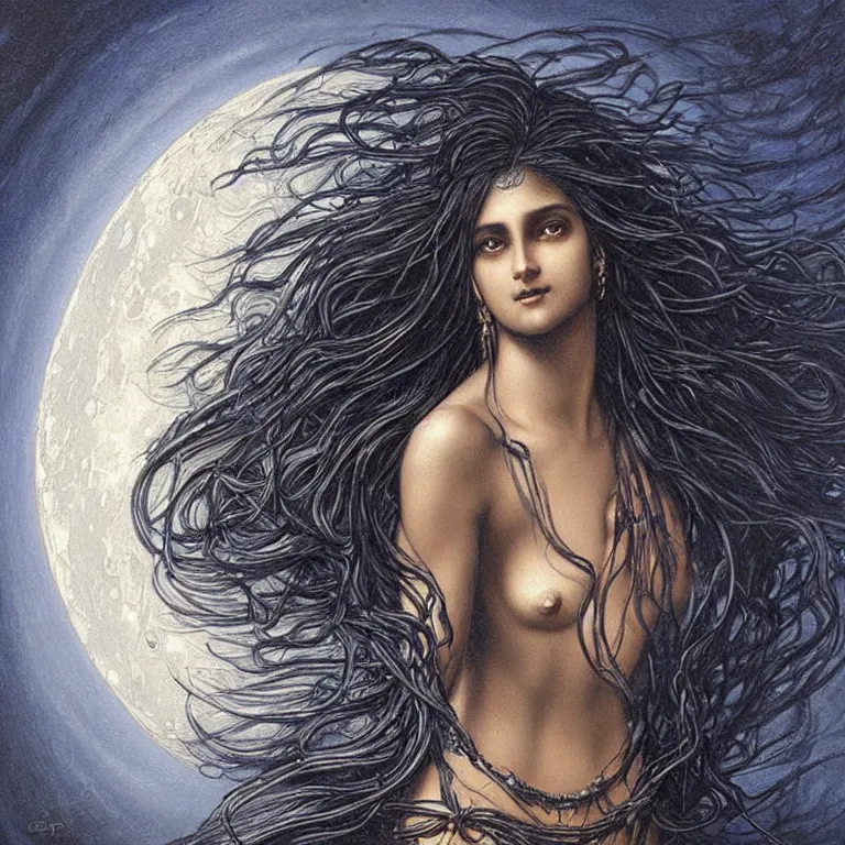 Prompt: beautiful biomechanical moon goddess, flowing hair, intense stare, sweet sarcastic smile, dark blue skin, concept art, realistic oil painting by gustave dore,