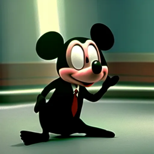 Image similar to mr. bean as mikey mouse. movie still. cinematic lighting.