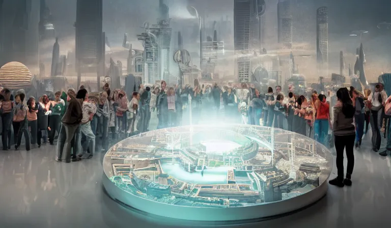 Prompt: crowd of people in simple white museum, looking at hologram of futuristic city on a table, cinematic concept art, godrays, golden hour, natural sunlight, 4 k, clear details, tabletop model buildings, center model buildings, hologram center, crane shot, crane shot, crane shot