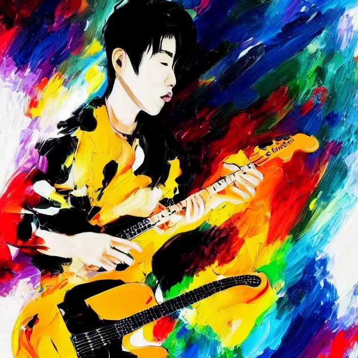 Image similar to abstract large swirly brush strokes painting of a young korean man wearing stylish black v neck t shirt holding a telecaster!!! electric guitar!!, candid!! dark background, huge thick flowing dramatic brush strokes, matte colors, abstract, impressionist, motion, trending on artstation