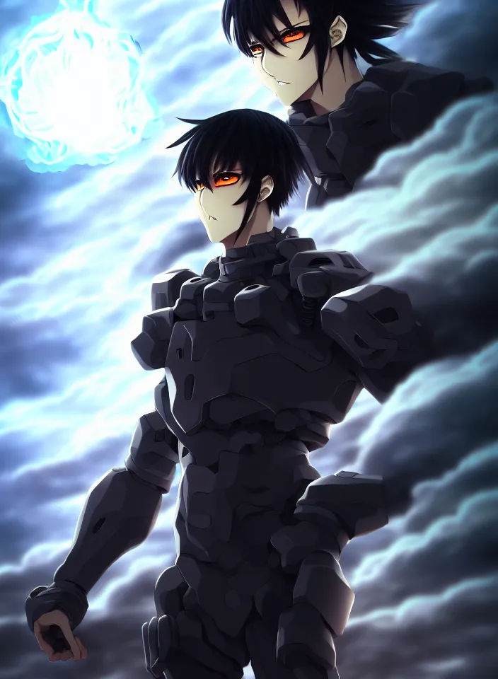 Image similar to a detailed manga illustration character full body portrait of a dark haired cyborg anime man surrounded by clouds of dark smoke and fire, trending on artstation, digital art, 4 k resolution, detailed, high quality, sharp focus, hq artwork, insane detail, concept art, character concept, character illustration, full body illustration, perfect anatomy, cinematic, volumetric lighting