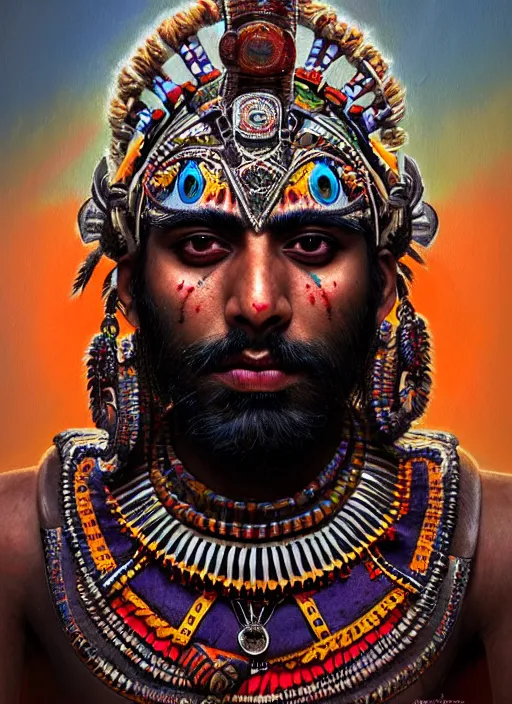 Image similar to portrait of suraj sharma, hyper detailed ultra sharp aztec shaman warrior. trending on artstation, warpaint aesthetic, bloodwave, colorful, psychedelic, ornate, intricate, digital painting, concept art, smooth, sharp focus, illustration, art by artgerm and greg rutkowski and h. r. giger, 8 k