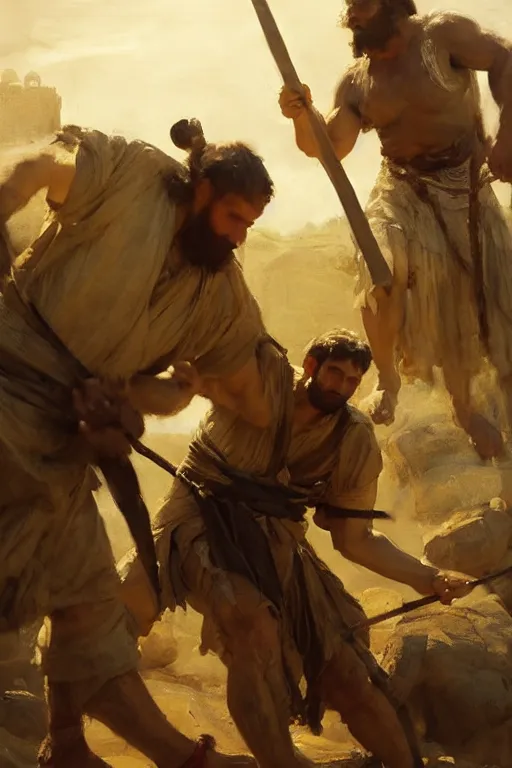 Prompt: ancient biblical israeli young man david slinging a stone at the philistine giant goliath of gath in battle by anders zorn, wonderful masterpiece by greg rutkowski, beautiful cinematic light, by greg manchess, jessica rossier