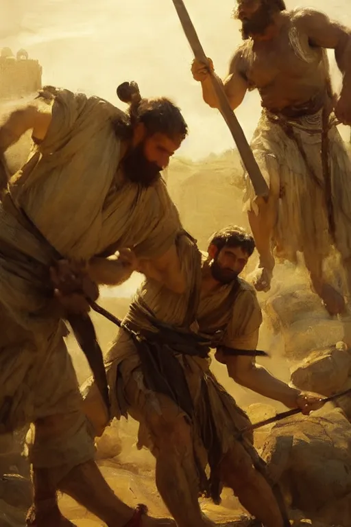 Image similar to ancient biblical israeli young man david slinging a stone at the philistine giant goliath of gath in battle by anders zorn, wonderful masterpiece by greg rutkowski, beautiful cinematic light, by greg manchess, jessica rossier