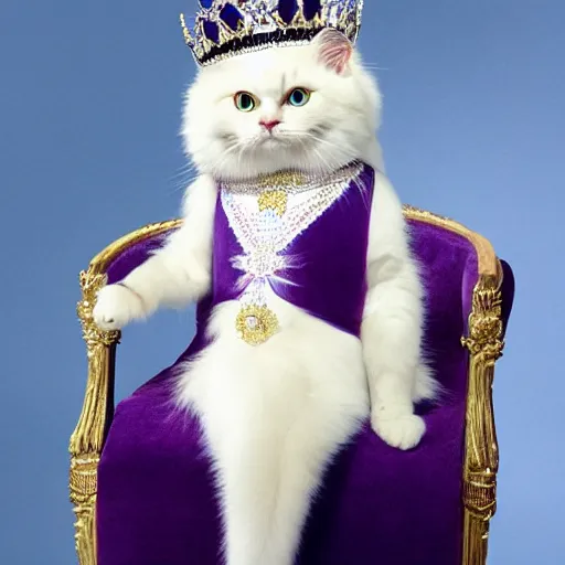 Prompt: a royal portrait of a ragdoll cat dressed up as the Queen of England