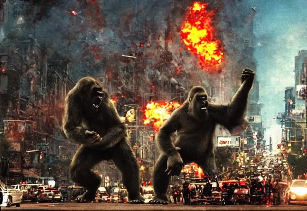 Image similar to An king Kong rage on street, Hollywood scene , cinematic , 2012, end of the world movie , full color