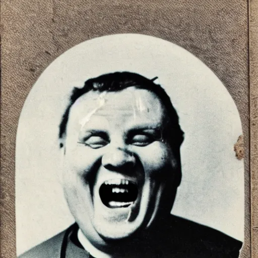 Image similar to antique photograph of an evil catholic priest, cracked and faded photo paper, morbidly obese, crazy eyes wide open, horror, staring at the camera, evil smile, sharp teeth, headshot, dark background, low light, dark