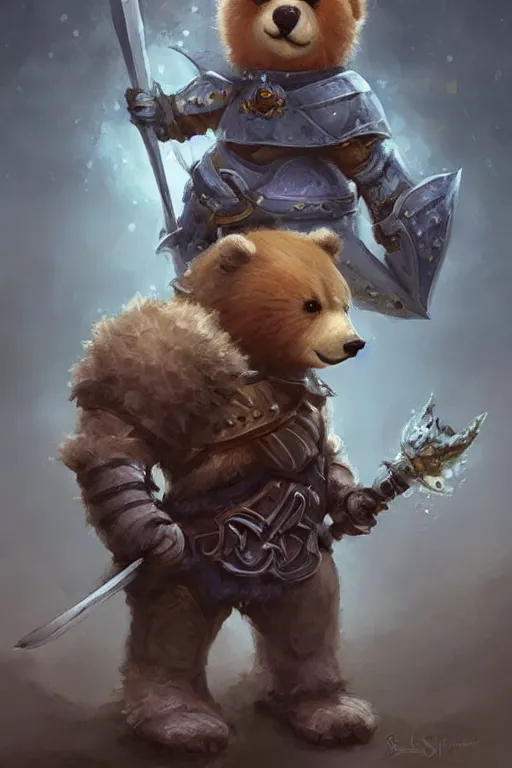 Image similar to cute little anthropomorphic bear knight wearing a cape and a crown, tiny, small, miniature bear, baby animal, short, pale blue armor, cute and adorable, pretty, beautiful, DnD character art portrait, matte fantasy painting, DeviantArt Artstation, by Jason Felix by Steve Argyle by Tyler Jacobson by Peter Mohrbacher, cinematic lighting