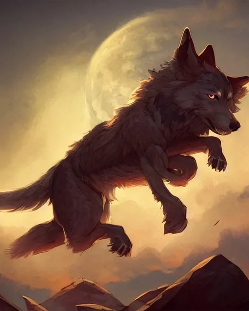 Image similar to '' Illustration of a wolf running through the sky following the moon, league of legends, LOL, fantasy, d&d, digital painting, artstation, concept art, sharp focus, illustration, art by greg rutkowski and alphonse mucha ''