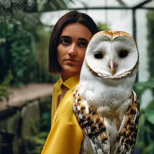 Image similar to head to shoulder portrait film photograph of an elegant top model wearing a yellow kimono with a very detailed barn owl on her shoulder!!! in a tropical greenhouse. looking at the camera!!. super resolution. 85 mm f1.8 lens.bokeh. graflex. by Alessio albi !