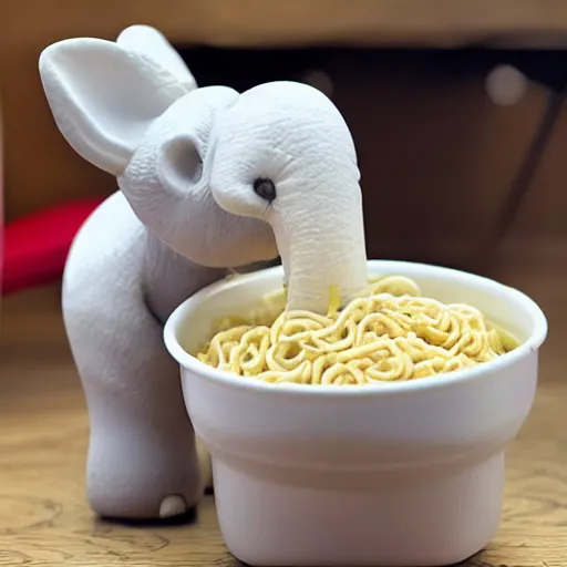Prompt: A white elephant is eating instant noodles