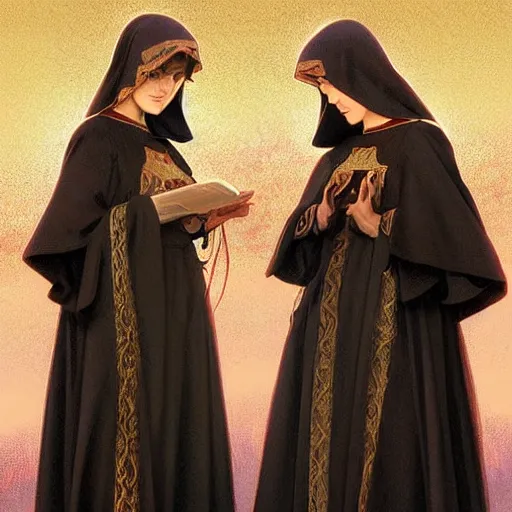 Prompt: two beautiful identical nuns under night sky, intricate, elegant, highly detailed, digital painting, artstation, concept art, smooth, sharp focus, illustration, art by artgerm and greg rutkowski and alphonse mucha, detailed anime art