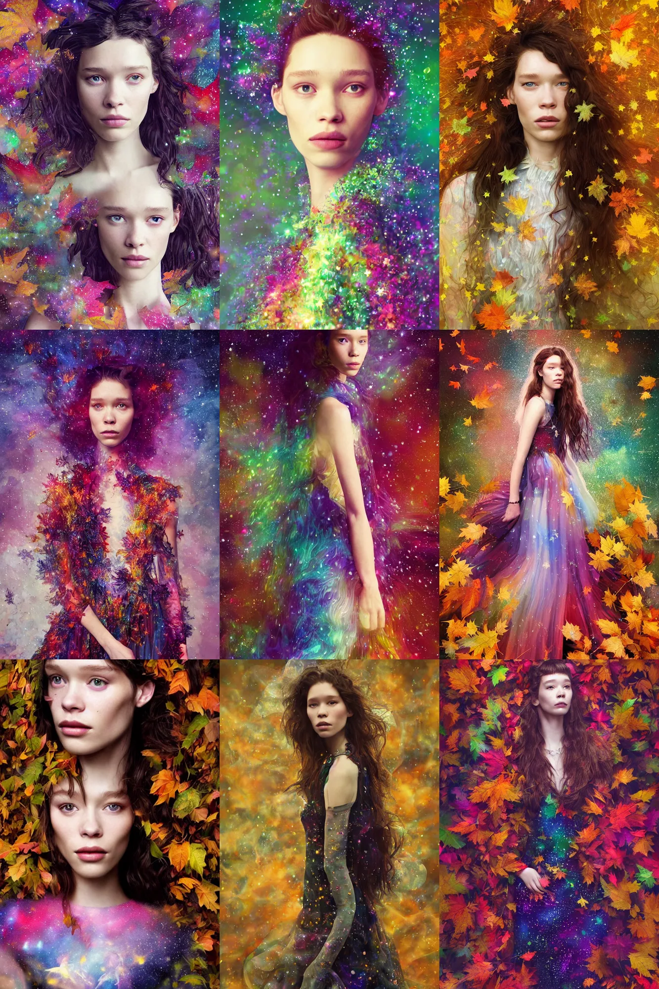 Prompt: masterwork full body portrait of astrid berges frisbey. digital illustration. nebulae hair. wearing a dress made out of stars. resting on a background of autumn leaves. fluid, dreamy, ethereal, vivid colours. sharp focus. highly detailed face. wow! cinematic lighting. trending on artstation. cgsociety.