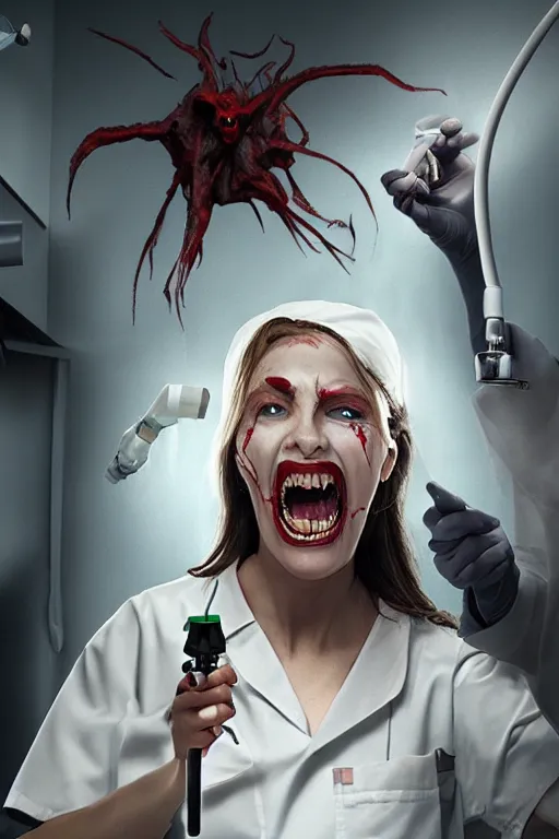 Prompt: manic grinning demon nurse holding syringe in spooky hospital room, character concept art, 8 k, photorealistic, highly detailed, weta digital