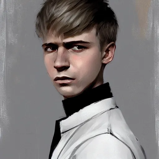 Image similar to Portrait of a man by Greg Rutkowski, he is about 20 years old, west slav features, short blonde hair with bangs, attractive, smart looking, slim, somewhat androgenic, he is wearing a white and black utilitarian jumpsuit, highly detailed portrait, scifi, digital painting, artstation, concept art, smooth, sharp foccus ilustration, Artstation HQ