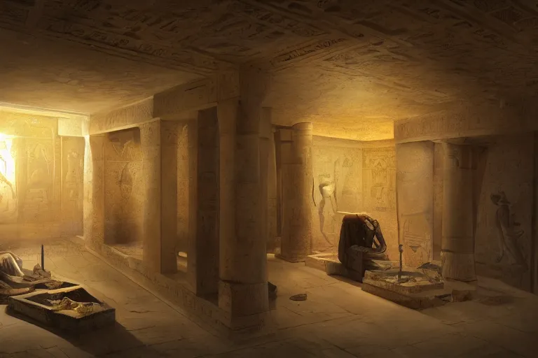 Prompt: interrior of an egyptian tomb with shiney gold and onyx by greg rutkowski and james gurney, trending on artstation, hdr, highly detailed