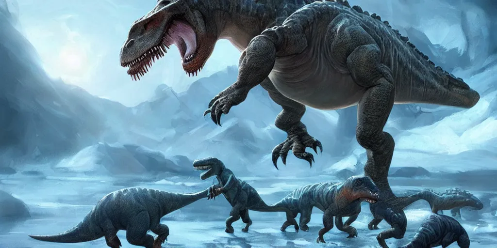 Prompt: dinosaurs encased in ice, concept art, digital illustration, trending on artstation, deviantart, artgerm, epic composition, masterpiece, highly detailed, advanced technique, ambient lighting, wlop, ross draws