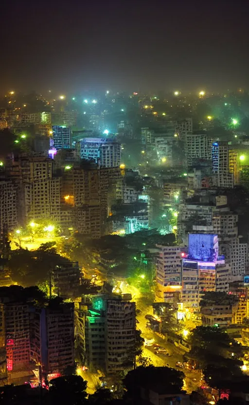 Prompt: futuristic dhaka city capital of bangladesh editorial photograph, dark lighting, glowing screens