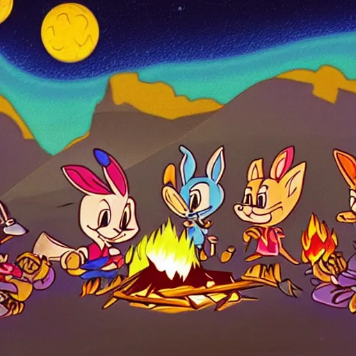 Image similar to tiny toons (1990) sitting around a campfire telling stories, photographic, 3D, UE5, ultra high textures, dark vignette, burning embers, nostalgic, muted colors, desaturated, volumetric, slightly drunk, candy rush, autochrome, tranquil, starry night, marshmallows, s'mores, 4K, 8K, HQ