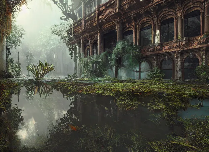 Image similar to abandoned city on overgrown forest, fantasy, ornate, hyper realism, wet reflections, intricate, realistic, digital art, detailed, studio shot, unreal engine 5, octane, high definition, smooth, artstation, behance