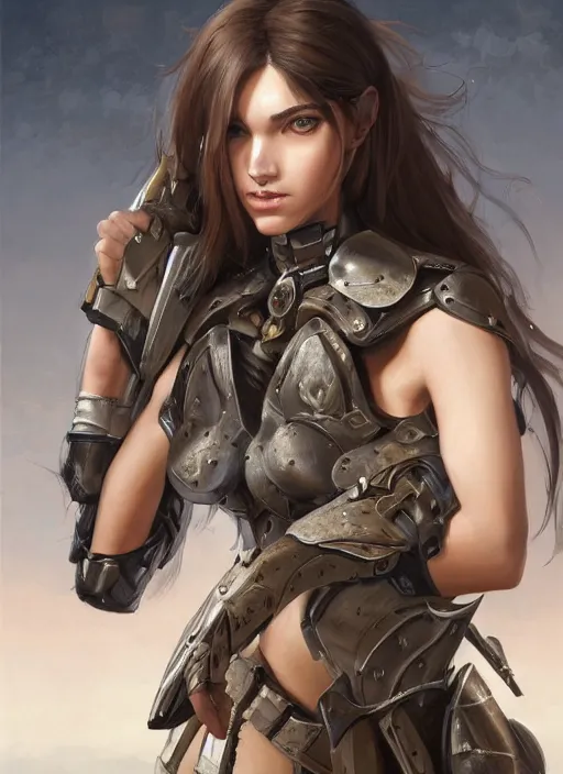 Image similar to a professionally painted portrait of an attractive young girl, partially clothed in battle armor, olive skin, long dark hair, beautiful bone structure, symmetrical facial features, intricate, elegant, digital painting, concept art, smooth, sharp focus, finely detailed, beautifully framed, from Metal Gear, in the style of Artgerm and Greg Rutkowski and William-Adolphe Bouguerea