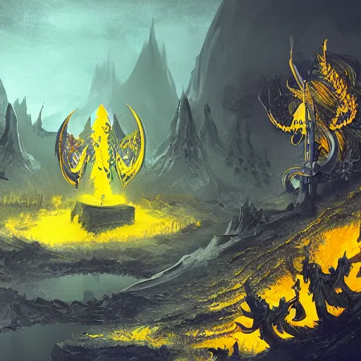 Prompt: vantablack graveyard and demons with a yellow river, artstation