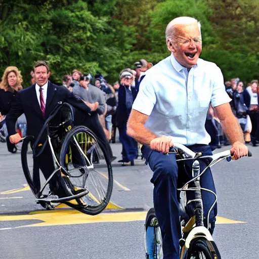 Image similar to ultra realistic photo of joe biden falling off of his bike, film, perfect face, in the style of a candid photo