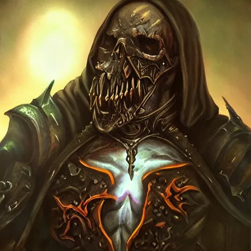 Image similar to a hyper realistic oil painting of a necromancer from diablo, dark fantasy, horror, retro fantasy