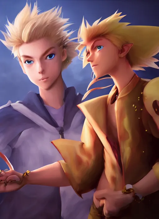 Image similar to An epic fantasy pokemon anime style portrait painting of a young blonde boy thief, unreal 5, DAZ, hyperrealistic, octane render, cosplay, RPG portrait, dynamic lighting